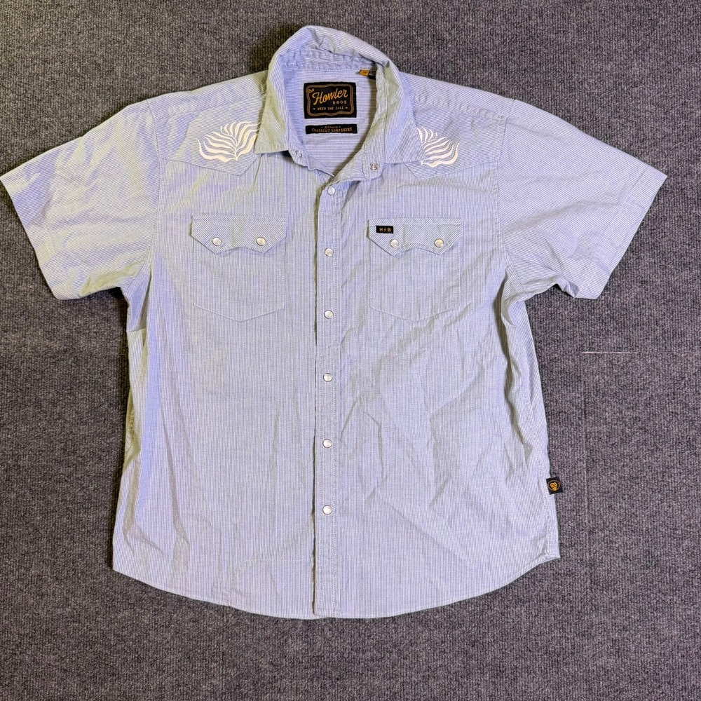 Howler Brothers Mens Crosscut Snapshirt Blue White Stripe Western Pearl Snap M
